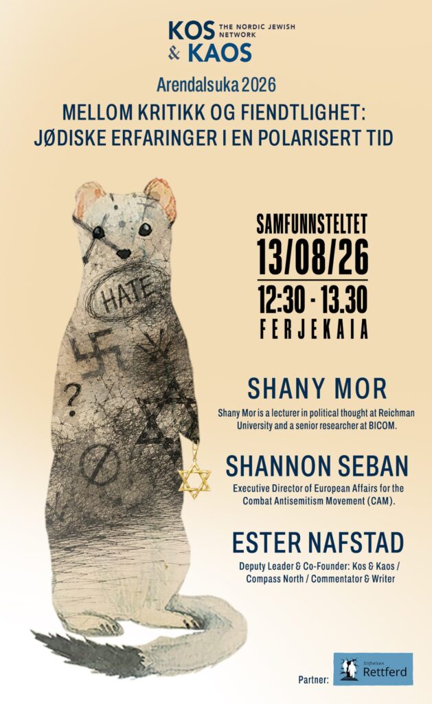 Poster for Mellom kritikk og fiendtlighet: Jødiske erfaringer i en polarisert tid, Arendalsuka 13 August 2026