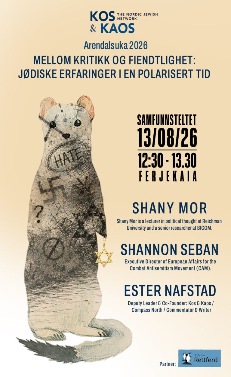 Poster for Mellom kritikk og fiendtlighet: Jødiske erfaringer i en polarisert tid, Arendalsuka 13 August 2026