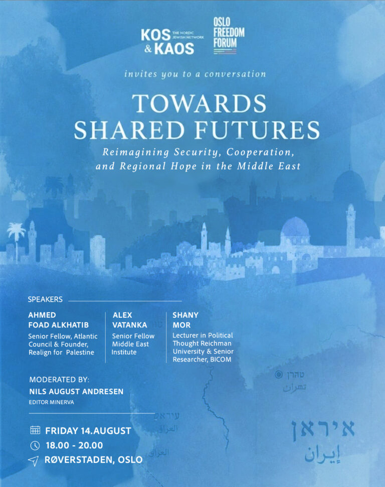 Poster for Towards Shared Futures, Røverstaden Oslo, 14 August 2026